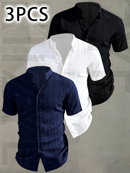 [Pearson OBM] 3pcs Men'S Summer Short Sleeve Shirt - Lightweight Breathable Solid Color Button-Up Casual Shirt with Stand Collar, Machine Washable for Beach Vacation, Pool Party And Casual Attire, Beach Shirt, Perfect for Gifting