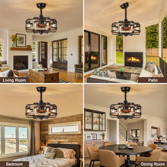 45.72cm Vintage Industrial Ceiling Fan with Light Remote Control, Reversible Black Caged Farmhouse Flush Mount Silent Motor, 3 Speeds Timer Ceiling Fan Light, for Dining Room Bedroom Farmhouse Kitchen