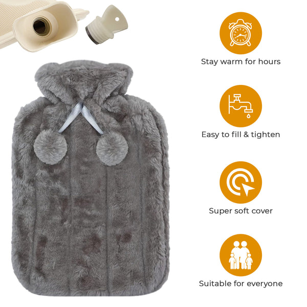 Hot Water Bottle, Large 2L Natural Rubber Hot Water Bottle, Soft Breathable Fabric, Winter Warmth for Men & Women with Warm Faux Fur Fleece Knitted Cover (Charcoal Grey)