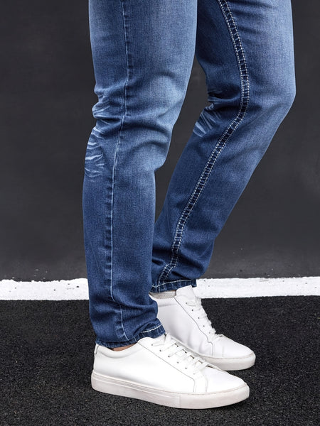 Men'S Elastic Washed Denim Jeans with Thick Line Embroidery on The Front And Back Pockets