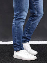 Men'S Elastic Washed Denim Jeans with Thick Line Embroidery on The Front And Back Pockets