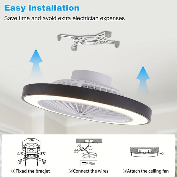 Low Profile Ceiling Fans with Lights, 50.04cm Enclosed Ceiling Fan Flush Mount, 3000K-6000K Smart Bladeless LED Fan Light, White Black Modern Ceiling Fans with Lights for Bedroom Dimmable LED 6 Speeds Reversible Timing