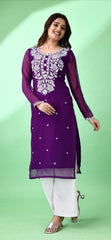 Estationeryhouse Women's Georgette Lucknowi chikankari kurti, Rose Design with Heavy Embroidery, Without Bottom