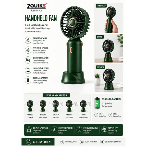 Rechargeable Handheld Fan Portable Mini USB Cooling Fan 5 Speed Silent Desktop Fan
