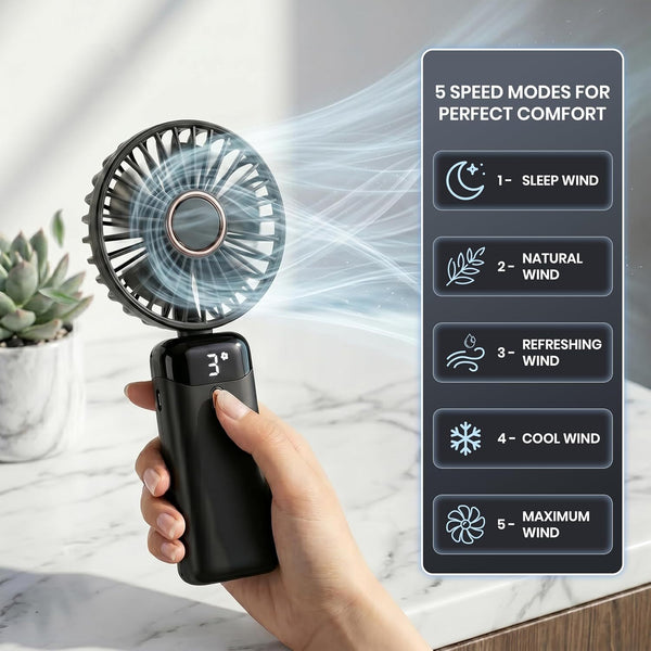1pc Portable Handheld Fan USB Rechargeable Foldable Mini Desk Fans 5 Speeds, Personal Cooling Fan with Neck Strap for Travel, Office & Outdoor Use, Removable Cover for Easy Clean, Black, Pink, White Options 1 Pack
