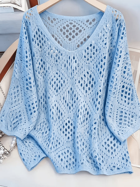 Plus Size - Plus Size - Plus Size Women'S Cashew Flower Loose Temperament Hollow Round Neck Pullover Long Sleeve Sweater