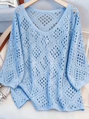Plus Size - Plus Size - Plus Size Women'S Cashew Flower Loose Temperament Hollow Round Neck Pullover Long Sleeve Sweater