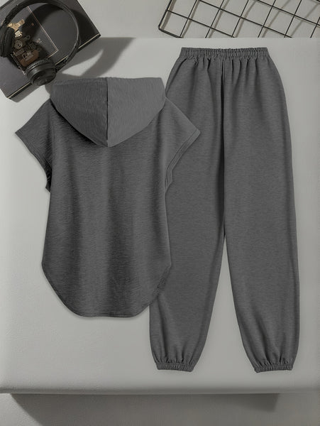 Women's Solid Color Suit, Polyester Fabric, Machine Washable, Casual and Loose Fit, Suitable for Going Out, Drawstring Sleeveless Hooded Sweatshirt, Trouser Suit.