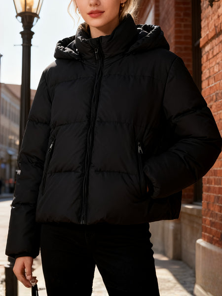 Fitted Detachable Hooded Puffer Jacket, Women Winter Basic Warm Coat with Removable Hood Zip Deep Pockets