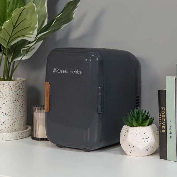 Russell Hobbs RH4CLR1001SCG 4L/6 Can Mini Portable Cooler & Warmer for Drinks, Cosmetics/Makeup/Skincare, AC/DC Power, Scandi Style, Grey & Wood Effect, for Bedroom, Home, Caravan, Car