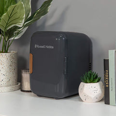 Russell Hobbs RH4CLR1001SCG 4L/6 Can Mini Portable Cooler & Warmer for Drinks, Cosmetics/Makeup/Skincare, AC/DC Power, Scandi Style, Grey & Wood Effect, for Bedroom, Home, Caravan, Car