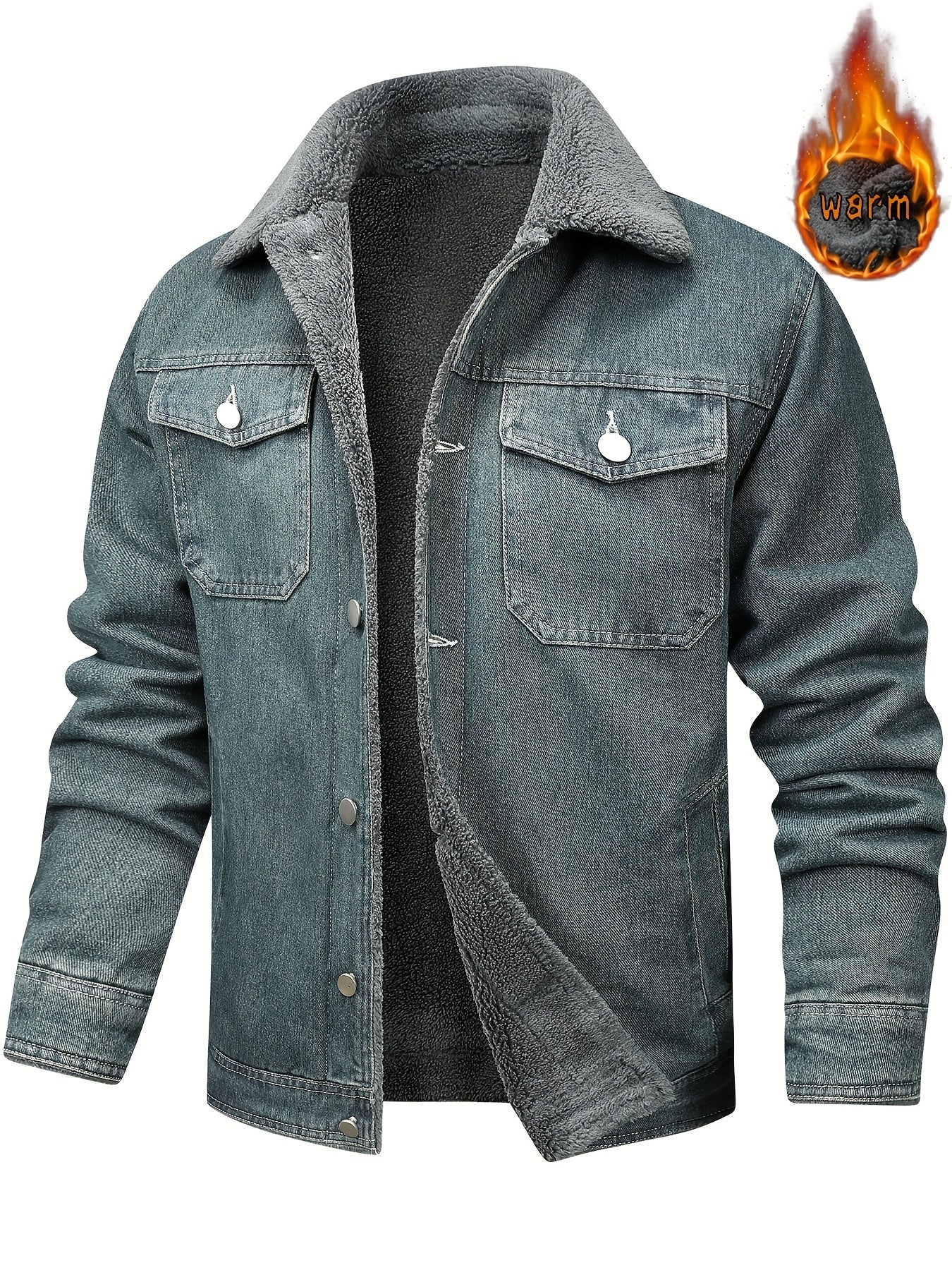 Winter Fleece Warm Denim Jacket Washed with Vintage Style