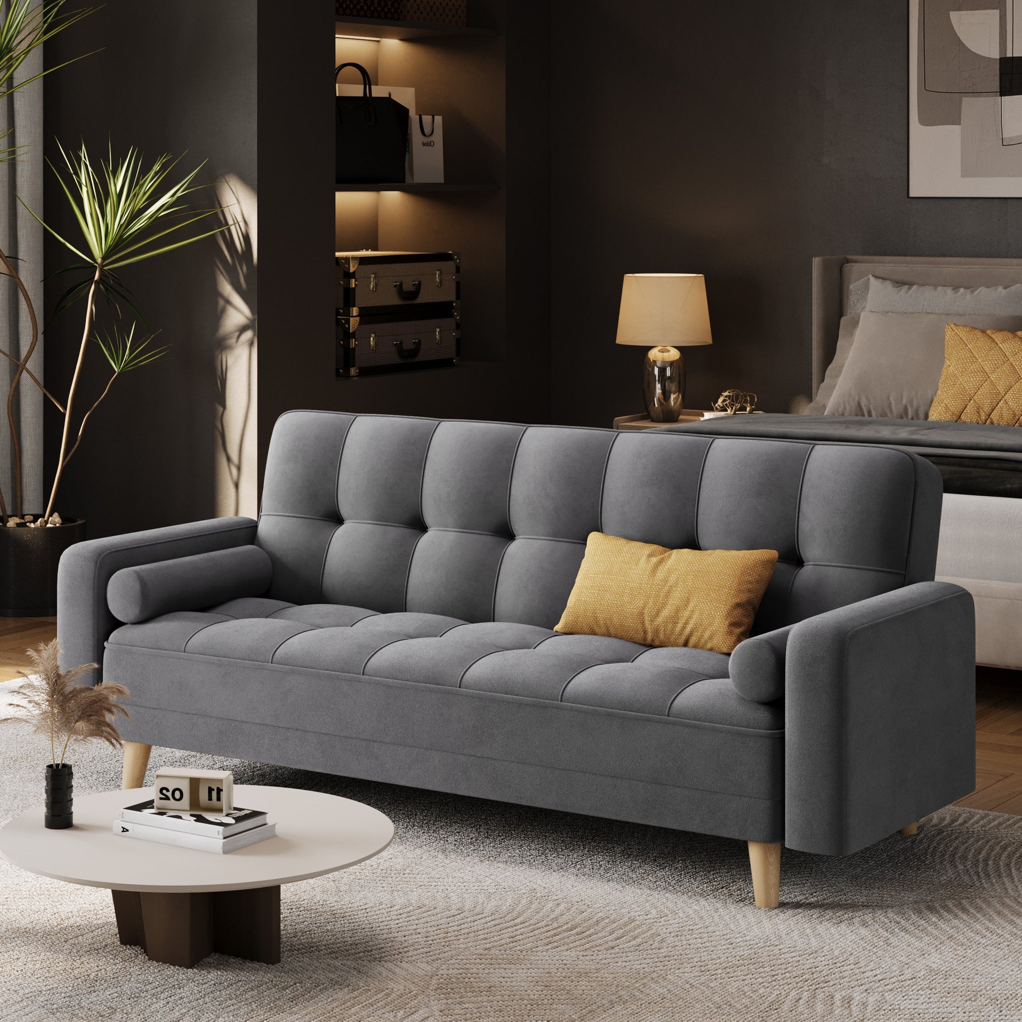 Costoffs Convertible Sofa Bed, Sofa Bed Velvet Convertible Sofa Bed 3 Seater Futon Sofa Bed with 2 Bolster Pillows and 3 Adjustable Back Angles for Apartments, Dens, Guest Rooms, Spare Rooms, Offices, and Lounges, Modern Grey/Blue/Green