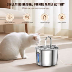 2.2L Cat Water Fountain for Drinking, Quiet Pet Water Dispenser Stainless Steel, Automatic Cat Water Bowl Cat Fountain with LED Light and Water Level Window, Cat Drinking Fountain with 2pcs Filters and Sponges