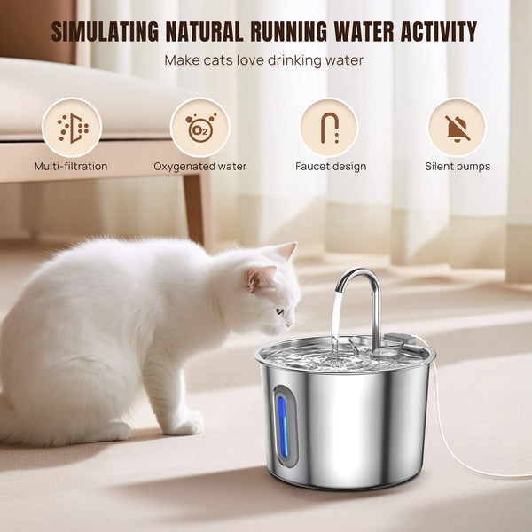 2.2L Cat Water Fountain for Drinking, Quiet Pet Water Dispenser Stainless Steel, Automatic Cat Water Bowl Cat Fountain with LED Light and Water Level Window, Cat Drinking Fountain with 2pcs Filters and Sponges