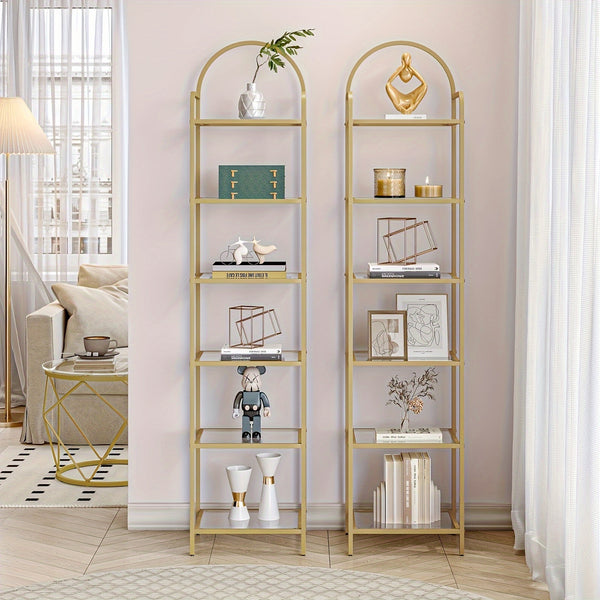 Bookcase Bookshelf, Tempered Glass Bookshelves, Slim Shelving Unit for Bedroom, Bathroom, Home Office, Steel Frame, 6 Tier Golden, Standing Shelf