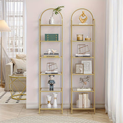Bookcase Bookshelf, Tempered Glass Bookshelves, Slim Shelving Unit for Bedroom, Bathroom, Home Office, Steel Frame, 6 Tier Golden, Standing Shelf