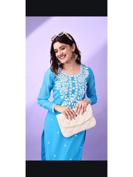 Estationeryhouse Women's Georgette Lucknowi chikankari kurti, Rose Design with Heavy Embroidery, Without Bottom