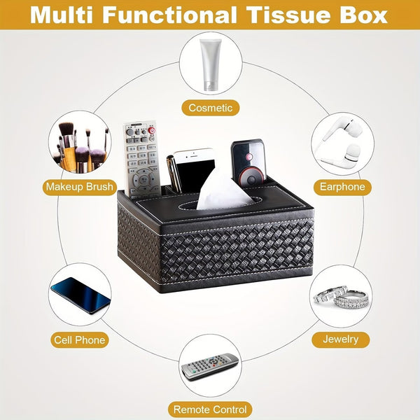 Multi-Functional Faux Leather Tissue & Storage Box with 4 Compartments, Includes Remote Control & Household Napkin Storage, Wipe-Clean in Seconds, Ideal for Living Room, Study & Café Countertops, Perfect for Home Supplies, Back to School & Festive Decorat