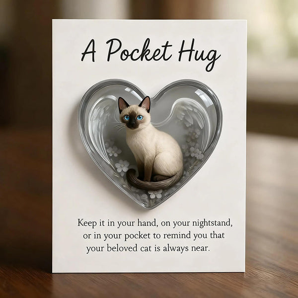 1Pcs Cat Memorial A Pocket Hug，Emotional Support Heart-Shaped Cat Charm Keepsake Figurines，Pocket Hug Token with Inspirational Card，Thoughtful Animal Support Gifts for Cat Lovers & Grieving Cat Owners