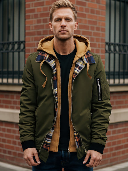 Pearson OBM Men'S Winter New Korean-Style Hooded Jacket, a Casual And Trendy Outerwear, Solid Color, Formal Style, with Zipper Details
