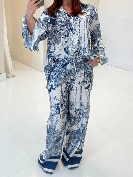 Women'S 2pcs Floral Print Pants Set with Button- Shirt & Elastic Waist Pants - Blue Floral All-Over Print Casual Outfit, All-Season Comfort, Easy-Care Fabric, Versatile Day to Night Wear, Relaxed Fit for Women (No Matching Top Included), Matching Pants fo