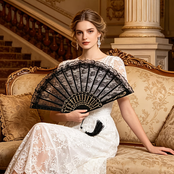 Black Lace Folding Fan, Handheld Fan with Pendant Tassel, Black Retro Lace Handheld Fan for Women'S Birthday Party Dancing Cosplay