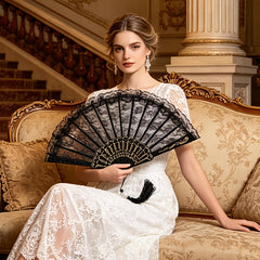 Black Lace Folding Fan, Handheld Fan with Pendant Tassel, Black Retro Lace Handheld Fan for Women'S Birthday Party Dancing Cosplay