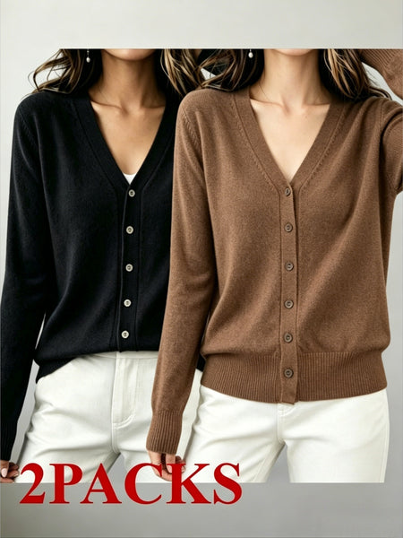 2pcs (2-Pack) Women's Soft Cardigan Sweater - V-Neck Button Button-Front Closure, -Line Regular Fit Button Collar Sweaters Suitable for Daily Wear, Spring/Summer Blouses for Office, Casual & Layering