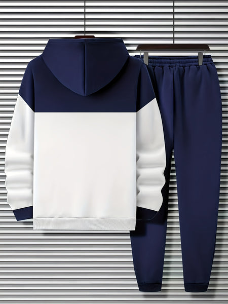Men'S Fall Winter Striped Print Patchwork Contrast Hoodie And Joggers
