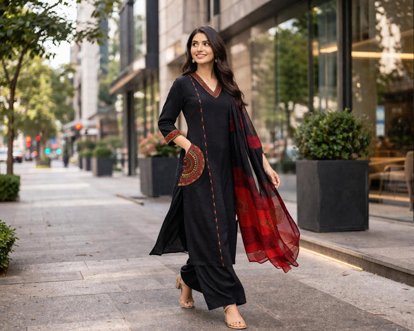 TeamWear* Womens Cotton Embroidered Neck and Dual Pockets Kurta Set with Palazzo and Contrast Dupatta