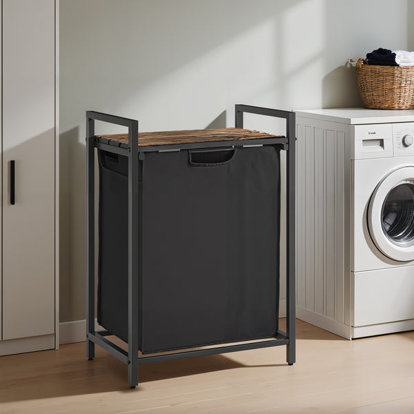 Laundry Hamper, Laundry Basket with Pull-Out Liner, Shelf, Metal Frame, 12.7 Gallons, Rustic Brown and Black