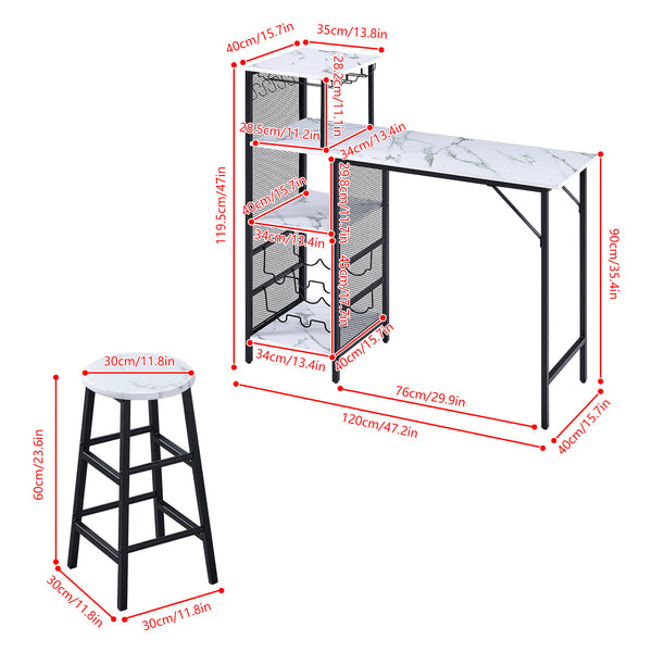 3pcs Bar Table and Stools Set, Kitchen Breakfast Bar Table and Chairs Set 2 with Cup Holder and Wine Rack, Bar Table Sets Furniture for Kitchen, Dining Room, Pub, Cafe