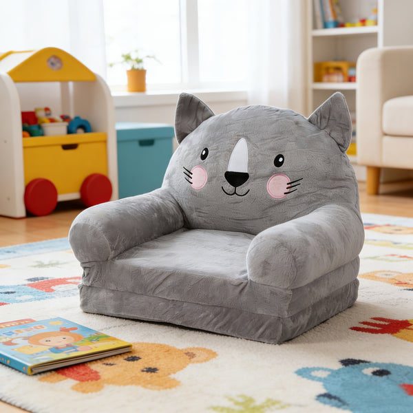 Cozy Kid Folding Sofa, Plush, Washable Lounge Chair for Playroom & Nursery, Gray Dog Style Foldable Wide Handle Soft Breathable Toddler Chair for Reading Relaxing Sleeping(2 Layers)