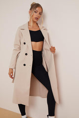 Women's Classy Solid Color Double Breasted Detachable Belted Pocket Pea Coat, Lapel Neck Long Sleeve Outerwear for Fall & Winter