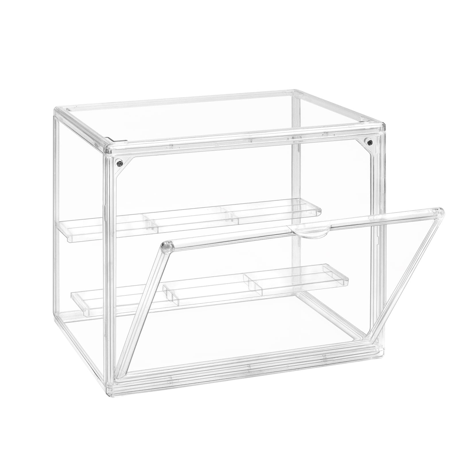 Lunaluke Clear Double-Tier Storage Box with Door - Heavy-Duty Plastic Dustproof Display Case with Hinged Door And Bottom Shelf, Dust Cover Included, Ideal for Organizing Makeup, Cosmetics, Or Other Items on a Vanity, Desk, Or Shelf.