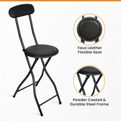 Black Folding Bar Stool Padded High Back Chair Stools For Breakfast Bars Kitchens Foldable Seat Non Slip Feet Durable Frame Lightweight Easy to Fold Ready to Use