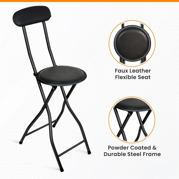 Black Folding Bar Stool Padded High Back Chair Stools For Breakfast Bars Kitchens Foldable Seat Non Slip Feet Durable Frame Lightweight Easy to Fold Ready to Use