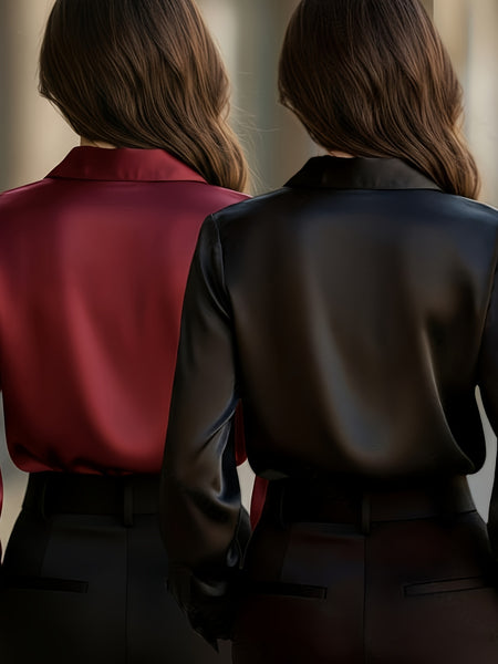 Ladies' 2pcs Top Set: High-end Solid Color Long-sleeve Shirt with Lapel, Simple and Fashionable Design, Light Luxury Commuting Top That Exudes Elegance and Professionalism. Suitable for Various Occasions Such as the Workplace, Dates, and Daily Wear