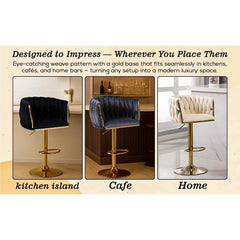 Set of 2 x Velvet Woven Upholstered Adjustable High Swivel Breakfast Bar Pub Home Stool Chair With Gold Metal base & Gas Lift (Cream/Gold)