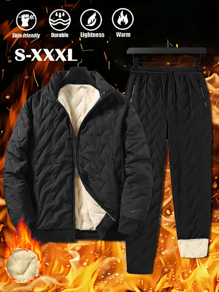 Men's 2pcs Casual Set: Fleece-Lined Thickened Jacket and Pants. Heavyweight Winter Sportswear with Zippered Cardigan Jacket, Fleece-Lined Warm Outerwear, Lamb's Lining. Matching Couple's Outfit for Men and Women. Leak-Proof Top and Pants with Elastic