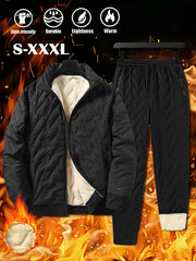 Men's 2pcs Casual Set: Fleece-Lined Thickened Jacket and Pants. Heavyweight Winter Sportswear with Zippered Cardigan Jacket, Fleece-Lined Warm Outerwear, Lamb's Lining. Matching Couple's Outfit for Men and Women. Leak-Proof Top and Pants with Elastic
