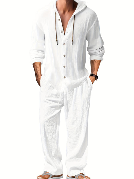 Men's Fashion Lightweight Linen Long Sleeve Hoodie + Pants Set, Solid Color, Versatile Moisture-Wicking Quick- Non-Stretch Fabric, Regular Fit with Drawstring Details, Ideal for Beach, Outdoor Leisure, Vacation, Parties, Straight-Leg Design, Machine