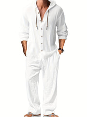 Men's Fashion Lightweight Linen Long Sleeve Hoodie + Pants Set, Solid Color, Versatile Moisture-Wicking Quick- Non-Stretch Fabric, Regular Fit with Drawstring Details, Ideal for Beach, Outdoor Leisure, Vacation, Parties, Straight-Leg Design, Machine