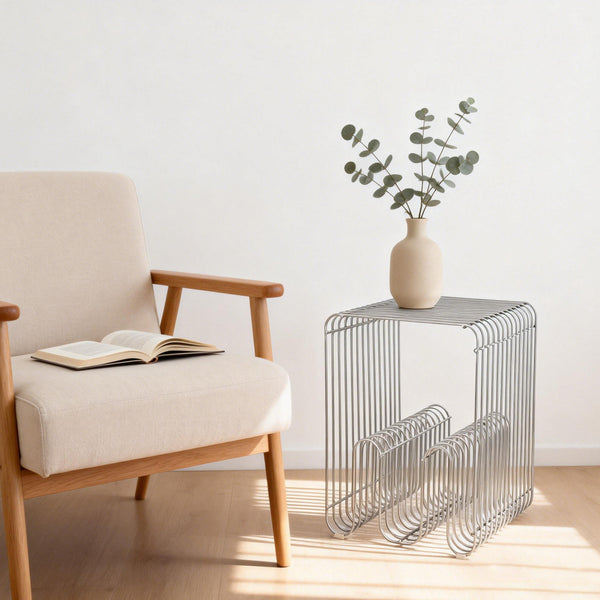 Metal Wire Side Table Magazine Rack Compact End Table for Sofa & Bedside, Modern Minimalist Book Holder Storage, 30.5 x 30.5 x 43 cm
