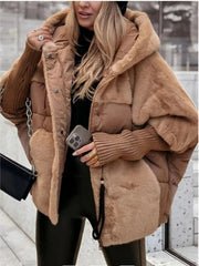 Women's Relaxed-fit New Patchwork Coat with Hooded Design, Dropped Shoulders, Plush Fabric, and Concealed Front Zip Fastening. Ideal for Winter Leisure Wear, Street Style Outfits, and Everyday Outings.