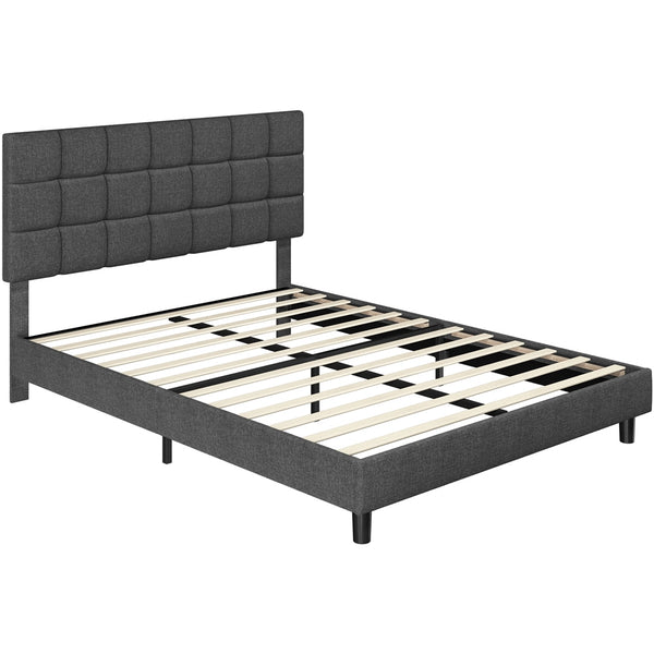 Costoffs Upholstered Bed Frame, Fabric Bed Frame with Fabric Headboard, Modern Platform Bed Frame with Strong Wooden Slats, Support and Square Tufted Headboard Height Adjustable, Double/King, Dark Gray/Light Gray/Beige