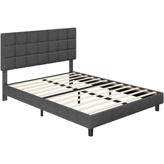 Costoffs Upholstered Bed Frame, Fabric Bed Frame with Fabric Headboard, Modern Platform Bed Frame with Strong Wooden Slats, Support and Square Tufted Headboard Height Adjustable, Double/King, Dark Gray/Light Gray/Beige