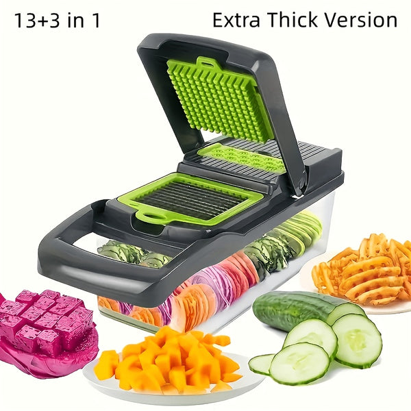 16-In-1 Enhanced Vegetable Chopper, Multi-Functional Vegetable Cutter, Versatile Fruit Slicer, Manual Food Grater with Container, Interchangeable Multi-Blade Onion Chopper, Home Potato Slicing Tool
