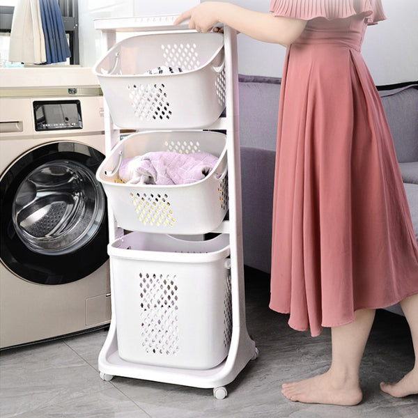 1pc, White Triple Layered, Bathroom Dirty Clothes Sorting Storage Basket, Household Multi-Purpose Laundry Changing Storage Basket, Fruit And Vegetable Snack Toy Storage Basket, Large Capacity to Save Space, with 4 Swivel Wheels, Smooth And Flexible Moveme